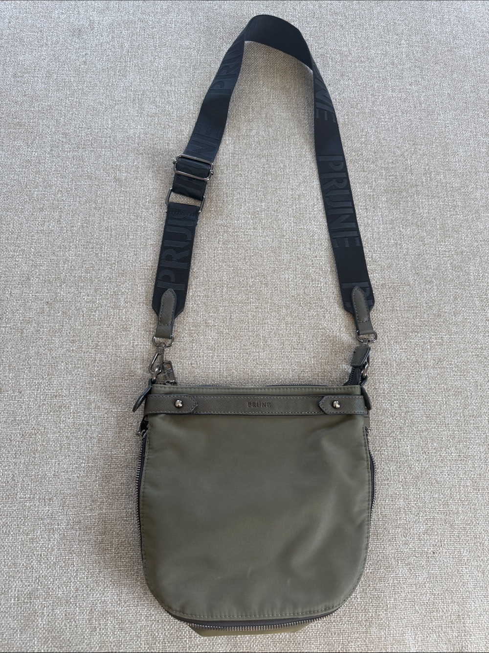 Olive Crossbody Shoulder Bag with Black Logo Strap